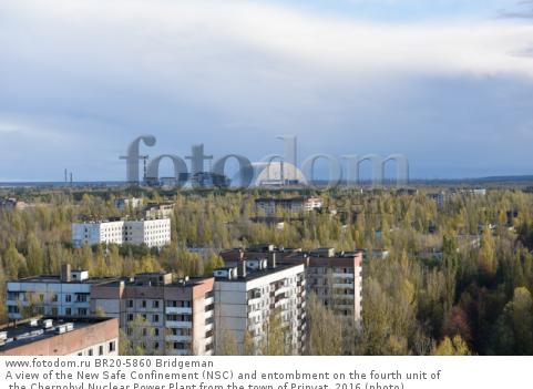 A view of the New Safe Confinement (NSC) and entombment on the fourth unit of the Chernobyl Nuclear Power Plant from the town of Pripyat, 2016 (photo)